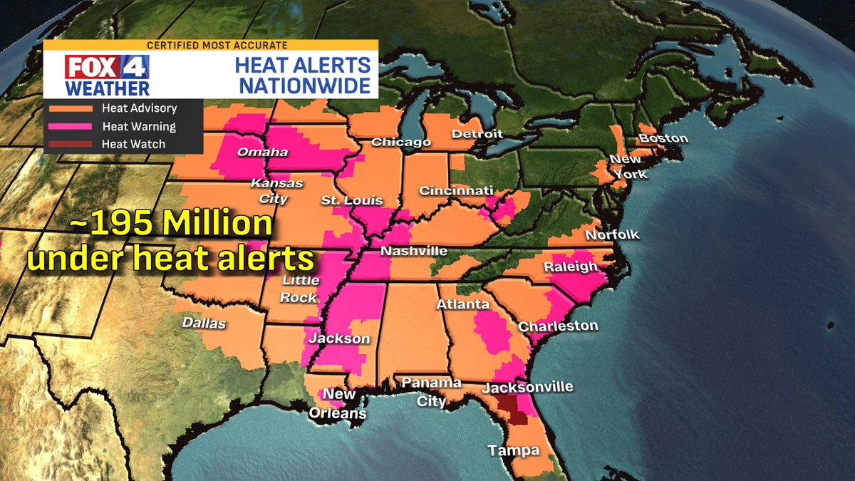JacobLanierWx's tweet image. Nearly 200 million Americans are included in heat alerts today with record highs most likely across the Southeast. 🥵 Extreme humidity will push feels like temps to around 110° for much of the Midwest! @fox4kc