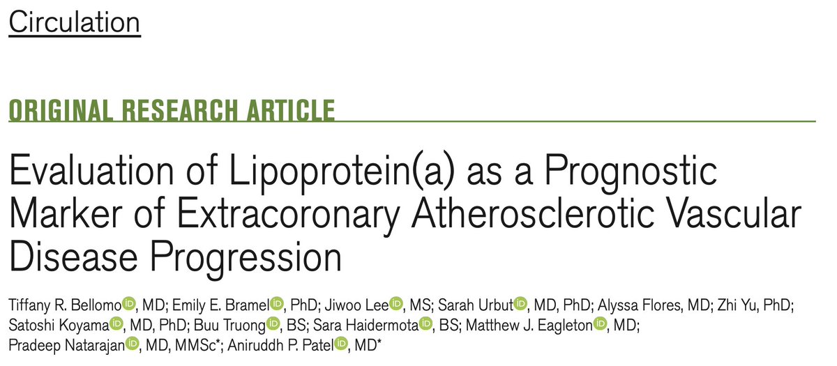 Aniruddh Patel (@aniruddhpatelmd) on Twitter photo 🚨 Excited to share our new manuscript in @circAHA led by <a href="/BellomoTiffany/">Tiffany Bellomo</a> and team. We evaluated lipoprotein(a) as a prognostic marker for extracoronary atherosclerotic vascular disease progression in <a href="/uk_biobank/">UK Biobank</a>.
👉 doi.org/10.1161/CIRCUL…
🧵1/6 🚨 Excited to share our new manuscript in @circAHA led by <a href="/BellomoTiffany/">Tiffany Bellomo</a> and team. We evaluated lipoprotein(a) as a prognostic marker for extracoronary atherosclerotic vascular disease progression in <a href="/uk_biobank/">UK Biobank</a>.
👉 doi.org/10.1161/CIRCUL…
🧵1/6