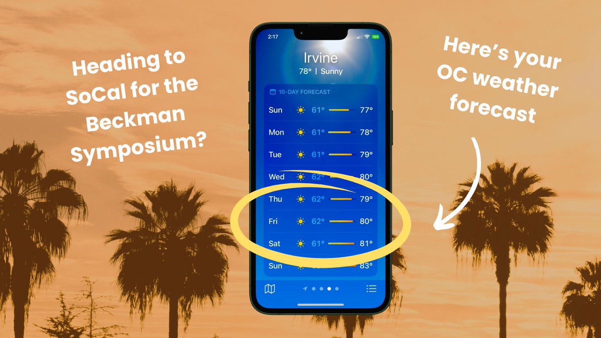 Heading to the #BeckmanSymposium in sunny #SoCal this week? Here's your #Irvine #weather forecast. See you soon! 

#traveltips #packyourbags #meeting #conference #research #science #beckman #events #planyourtrip #OC