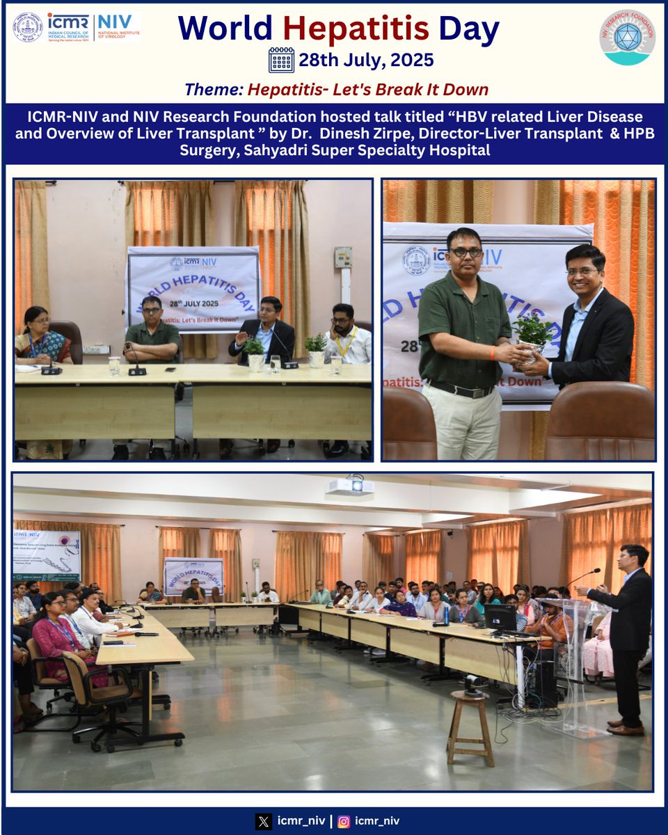 icmr_niv's tweet photo. @ICMR_NIV and NIV Research Foundation observed #WorldHepatitisDay25 with #talks by Dr. Dinesh Zirpe, Director Liver Transplant and HPB Surgery @SahyadriCares, and Dr. Vishnu Girish, Jr. Consultant & Hepatologist @ICMRDELHI #FightHepatitis #Virus #LiverHealth #HBV #HCV https://t.co/QB9dYqtsjy