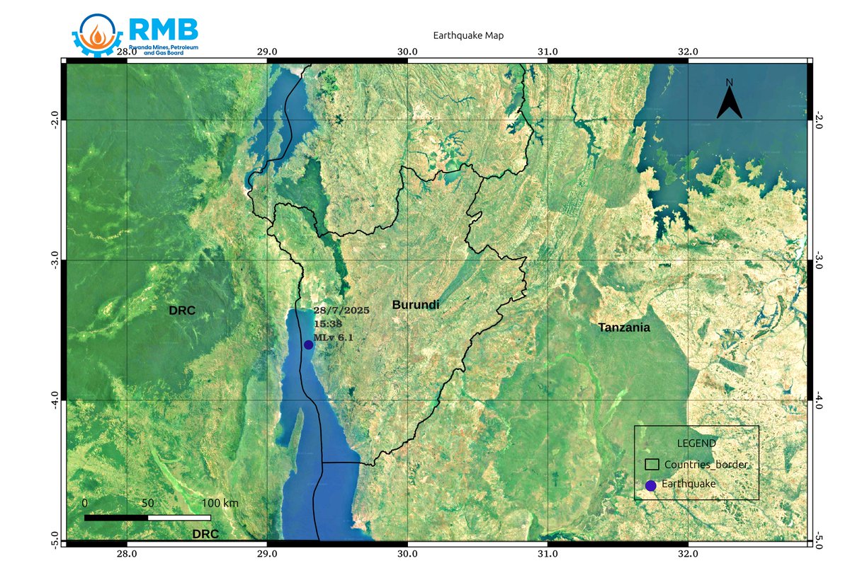 A magnitude 6.1((Richter Scale) earthquake originating from Lake Tanganyika was recorded at 15h38 today and felt across many districts in Rwanda.Residents in Rusizi and Nyamasheke should be aware of possible aftershocks.Kindly report any damages to your local district authorities