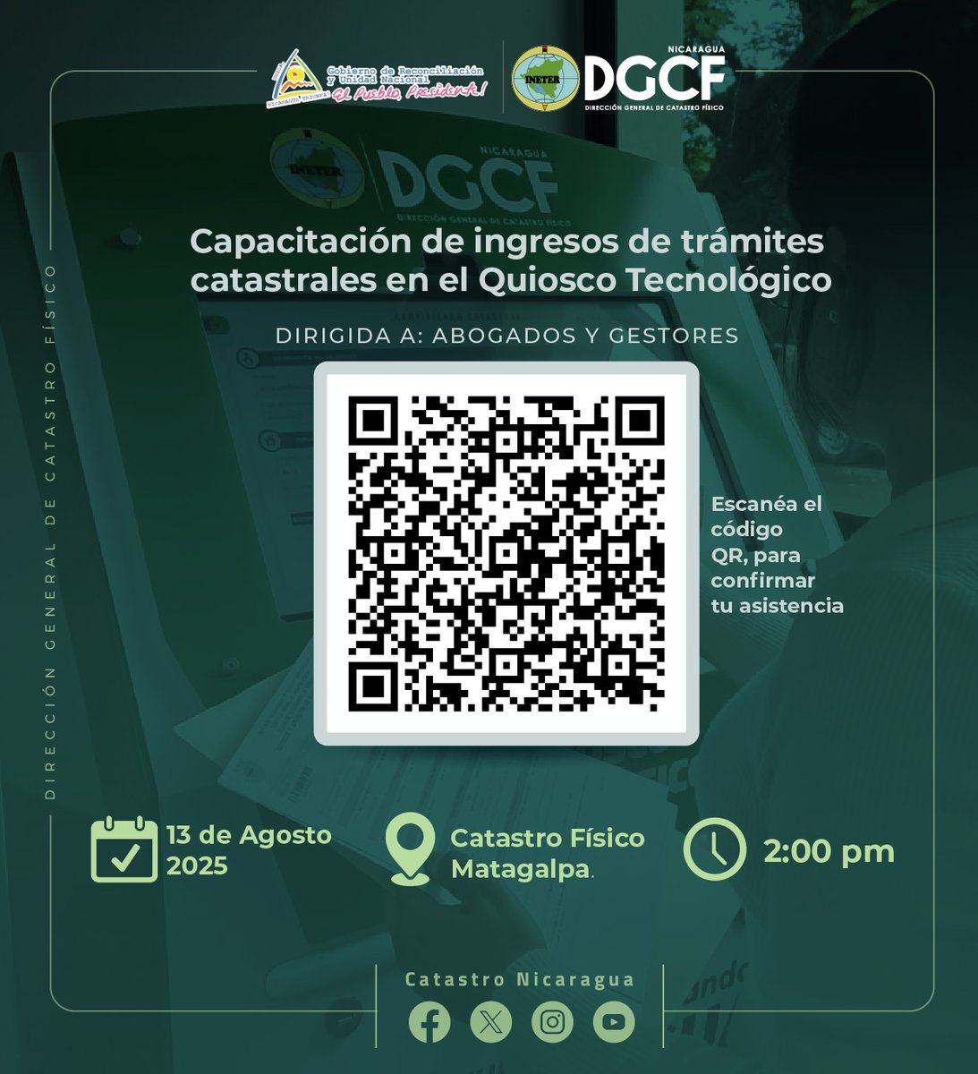 ¡ATENCIÓN #Matagalpa !
Nos complace anunciar una capacitación especial, dirigida a Abogados y Gestores, sobre el ingreso de trámites en el Quiosco Tecnológico, una herramienta moderna que facilita la gestión catastral de manera ágil, segura y eficiente. #Nicaragua