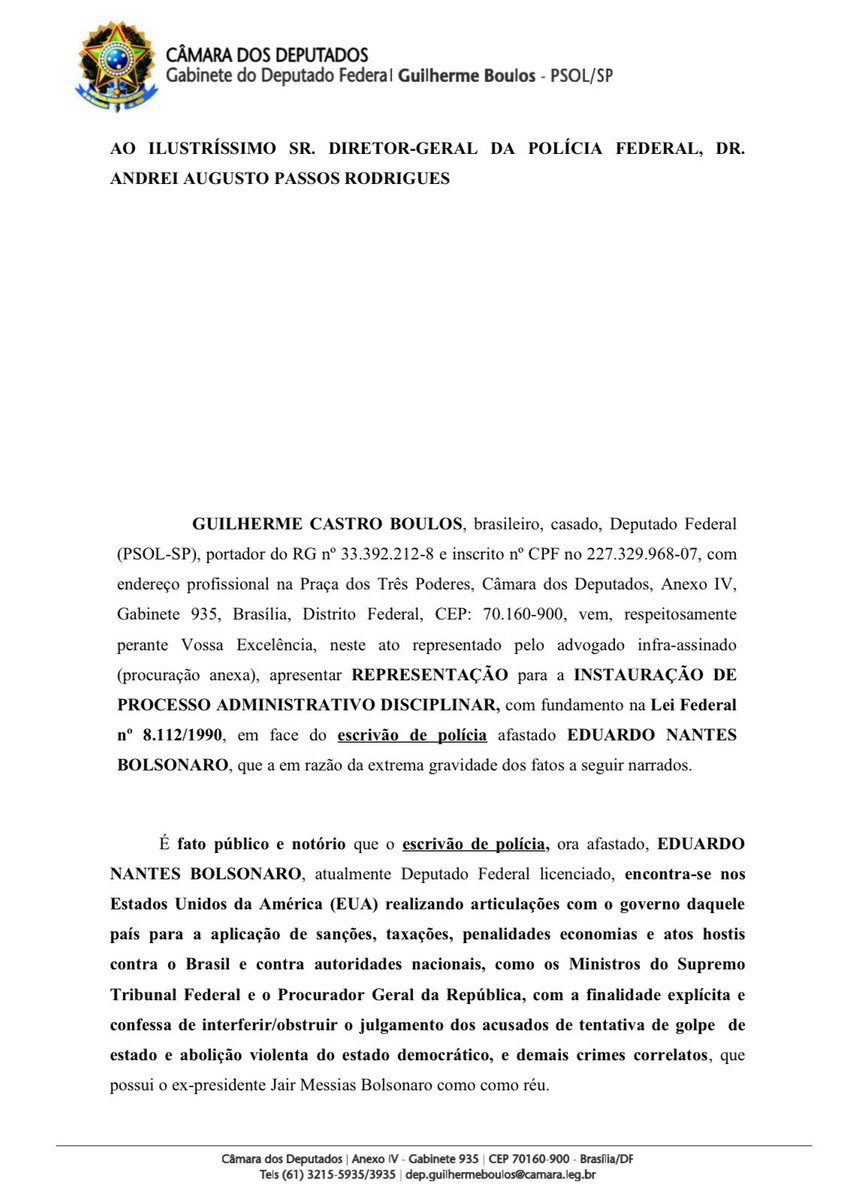 Muita gente não sabe, mas Eduardo Bolsonaro é escrivão da Polícia Federal. Ou seja, temos um agente da PF trabalhando contra a soberania do Brasil. Por isso, por sugestão do <a href="/yurimourarj/">Yuri</a>, entrei com o pedido de EXONERAÇÃO IMEDIATA do traidor da pátria!