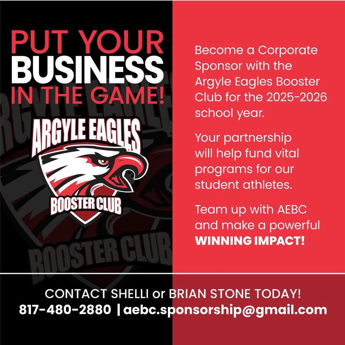 Argyle Eagles Booster Club (@argylesports) on Twitter photo LAST CALL‼️Put your business in the game with the Argyle Eagles Booster Club!Get seen, support student athletes & make a winning impact. Deadline is Thursday, July 31st!
Grab your spot now!
📧 aebc.sponsorship@gmail.com
📞 817-480-2880
#ArgyleEagles #BusinessInTheGame LAST CALL‼️Put your business in the game with the Argyle Eagles Booster Club!Get seen, support student athletes & make a winning impact. Deadline is Thursday, July 31st!
Grab your spot now!
📧 aebc.sponsorship@gmail.com
📞 817-480-2880
#ArgyleEagles #BusinessInTheGame