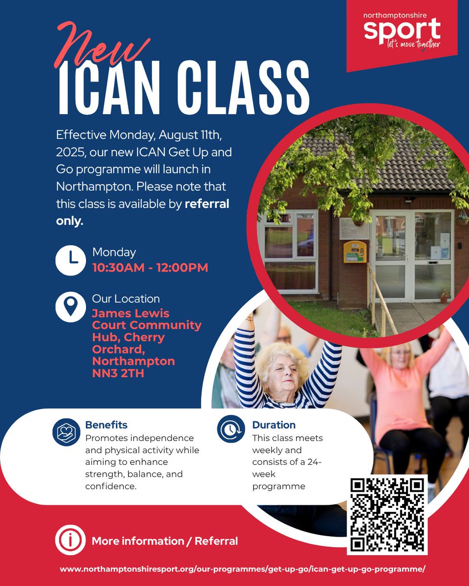 We're expanding our popular falls prevention sessions to help more people stay independent and active.

New iCAN Get Up &amp; Go class in #Northampton

📍 James Lewis Court Community Hub, Cherry Orchard, Northampton NN3 2TH
🕥 Starts Monday 11th August

northamptonshiresport.org/our-programmes…