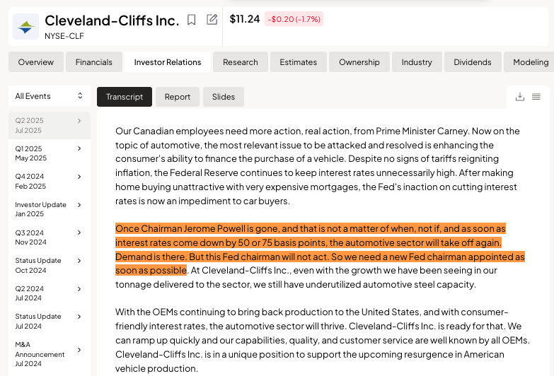 🚨 BREAKING: Il CEO di Cleveland-Cliffs critica duramente Jerome Powell