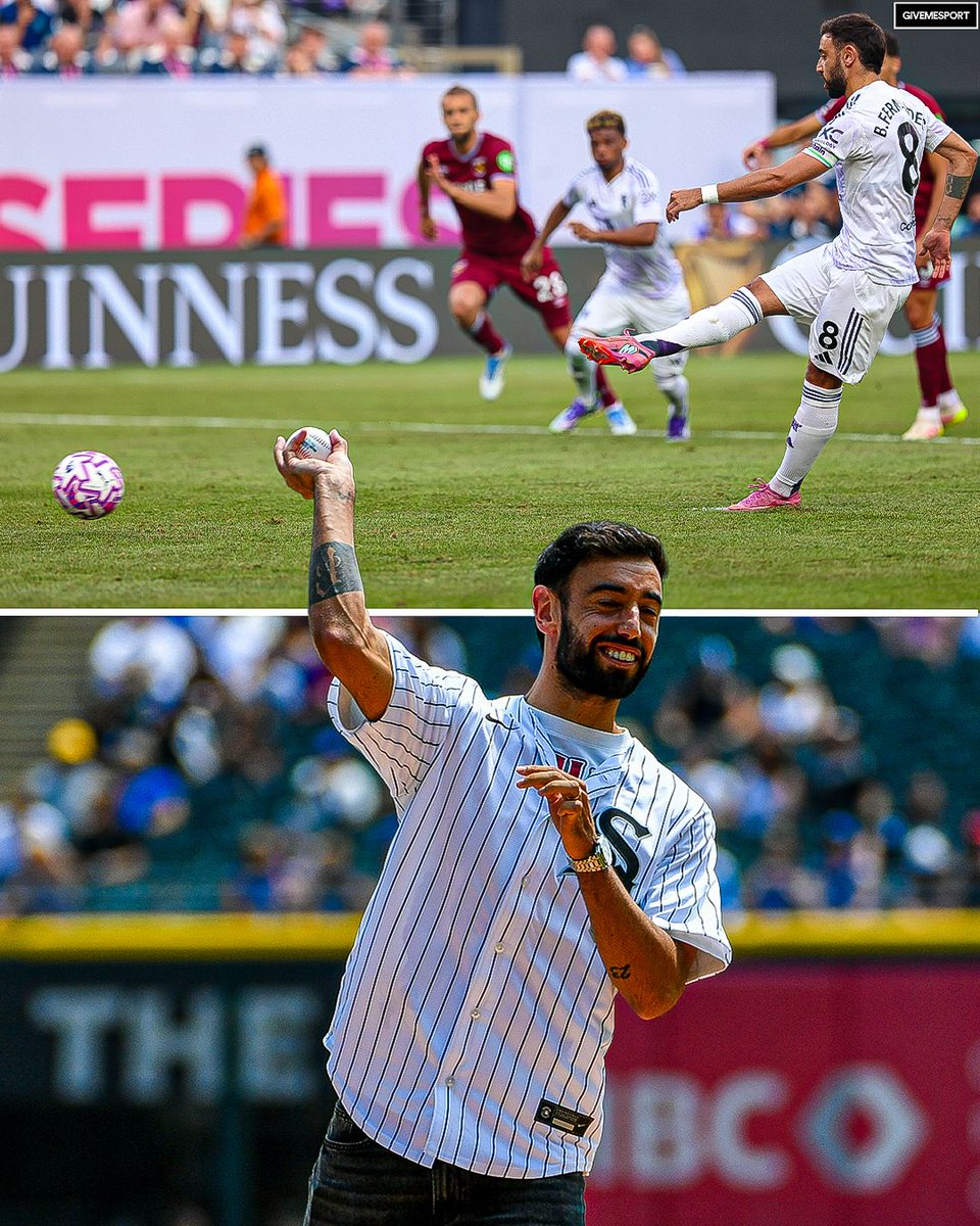 GiveMeSport's tweet image. Saturday: Scored a brace in Man United’s win over West Ham ⚽️
Sunday: Threw the first pitch at a Chicago White Sox game ⚾️

Not a bad weekend for Bruno Fernandes 😎
