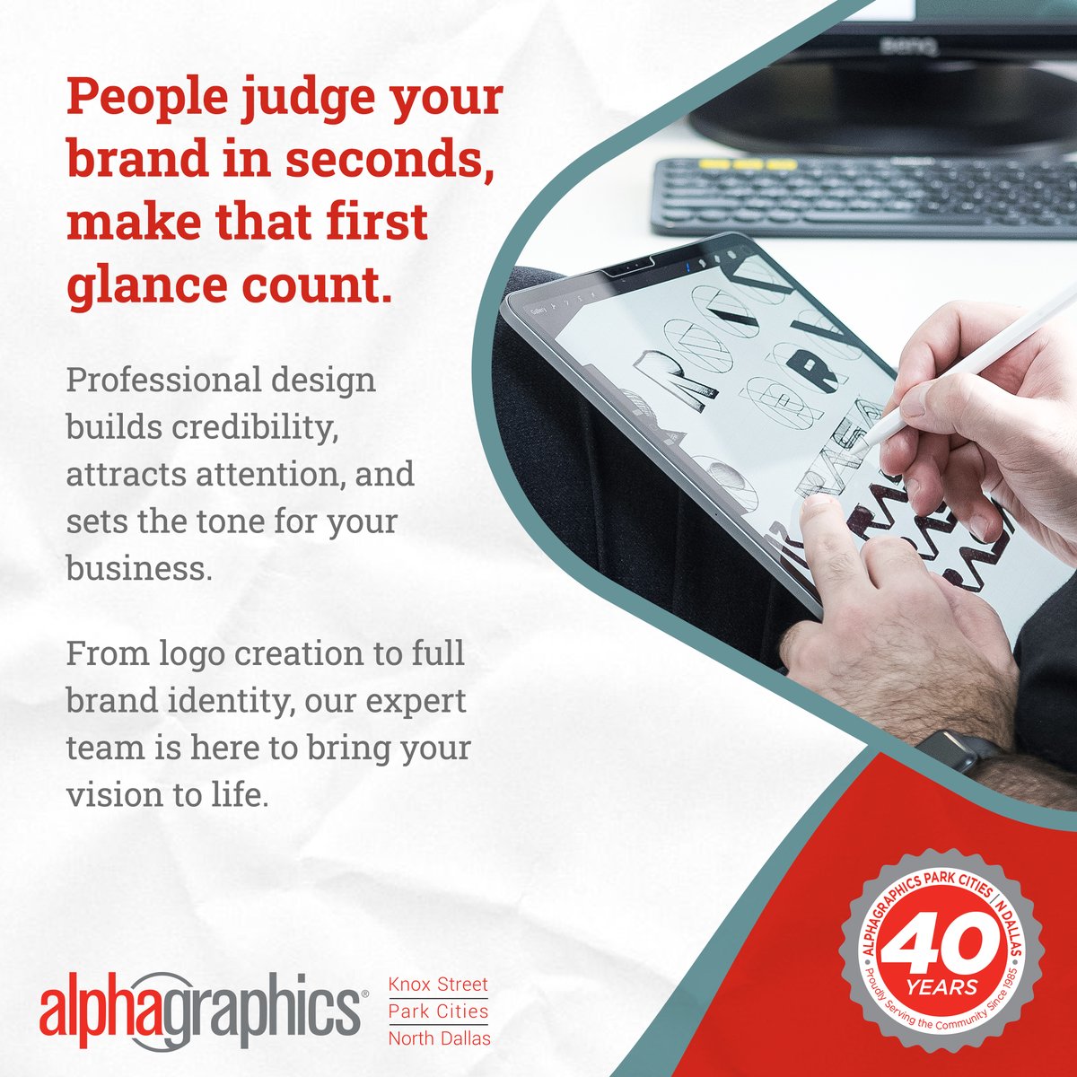 From branding and web to copy and design, our experienced team works with you to build a visual identity that reflects your purpose and connects with your audience.

#NorthDallas #Marketing #CustomSignage #PromotionalItems #Signage #PrintServices #Engraving #PromoItems #Apparel