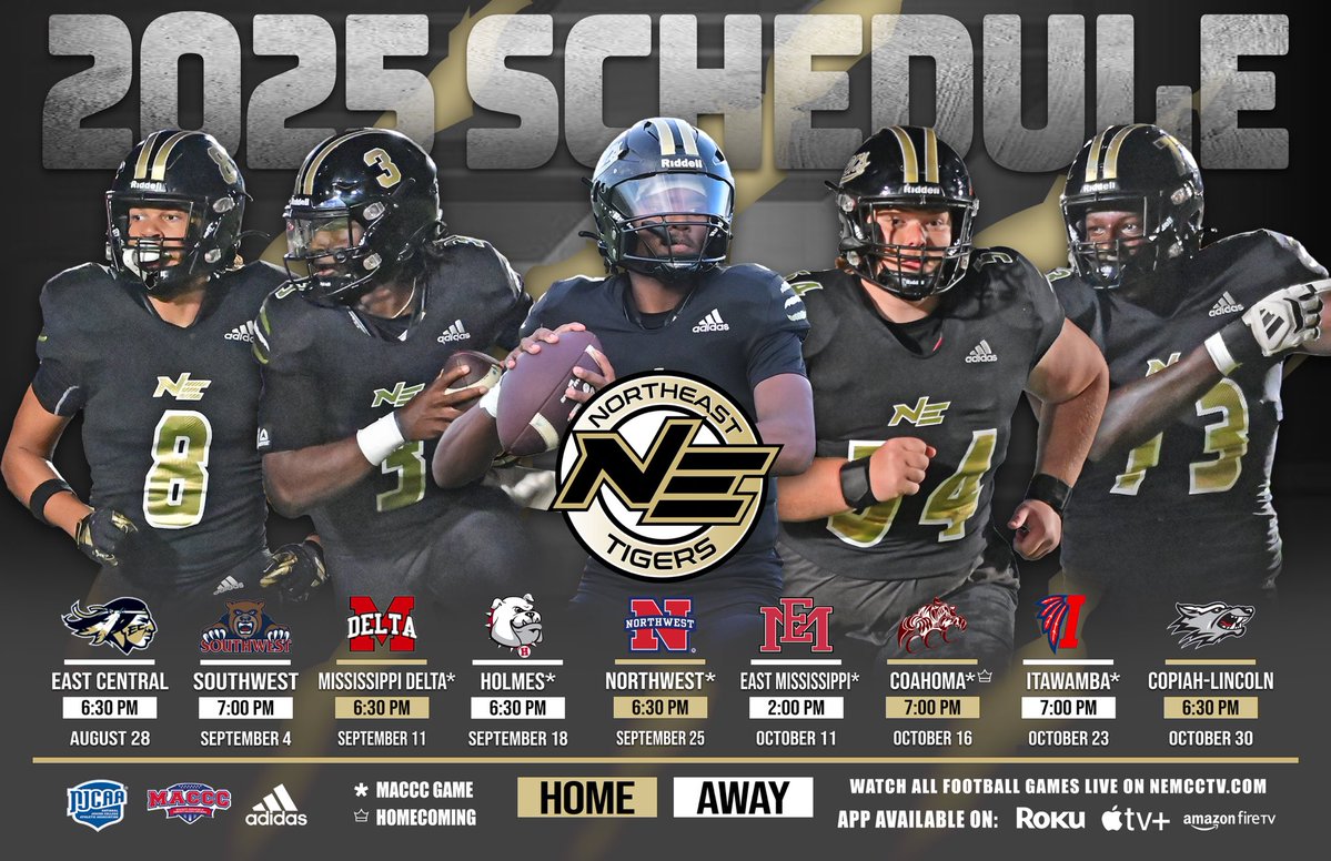 NEMCCTigers's tweet image. FB | 🚨𝗣𝗢𝗦𝗧𝗘𝗥 𝗦𝗖𝗛𝗘𝗗𝗨𝗟𝗘 𝗨𝗡𝗩𝗘𝗜𝗟🚨

It’s 1️⃣ month from kickoff of @nemcc_football’s new season so let’s debut their official poster! It features 5️⃣ key returning sophomores who will lead the way for our Tigers this fall!

📅 bit.ly/NEFB25Schedule
🐯 #TigerTown