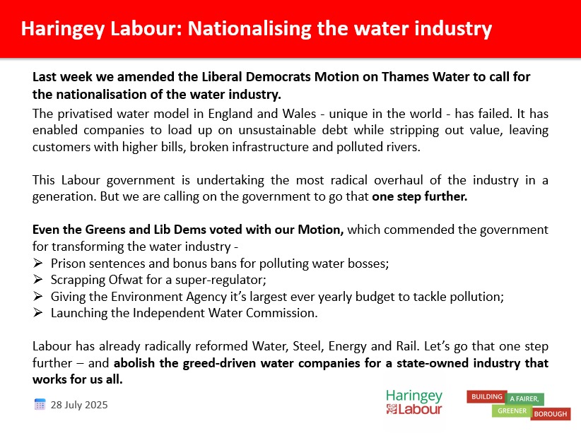 HaringeyLabour's tweet image. We've called for the nationalisation of the water industry.
The government has undertaken the most radical overhaul of the industry in a generation - but we're asking them to go that one step further.
If you'd like to read our Motion in full -
minutes.haringey.gov.uk/documents/s152…