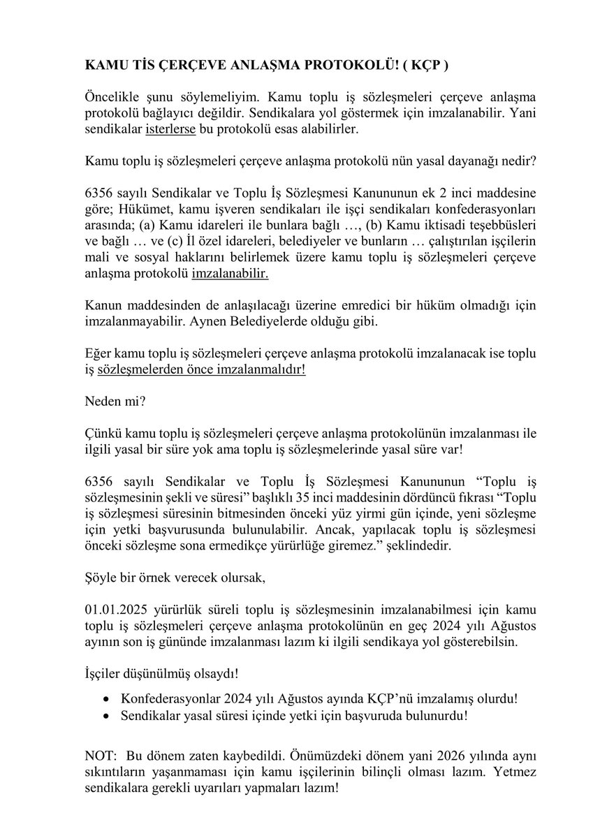 enveryavuz's tweet image. KAMU TİS ÇERÇEVE ANLAŞMA PROTOKOLÜ! ( KÇP )
Öncelikle şunu söylemeliyim. Kamu toplu iş sözleşmeleri çerçeve anlaşma protokolü bağlayıcı değildir. Sendikalara yol göstermek için imzalanabilir. Yani sendikalar isterlerse bu protokolü esas alabilirler.