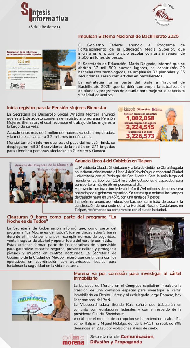 SRIACOMUMORENA's tweet image. 📌 Síntesis 28 de julio 2025
🎓 Anuncian Sistema Nacional de Bachillerato 2025.
💜 Inicia registro a Pensión Mujeres Bienestar el 1 de agosto.
🚡 Presentan Línea 4 del Cablebús.
🌙 Clausuran 9 bares por irregularidades.
🏗️ Morena va por comisión contra cártel inmobiliario.