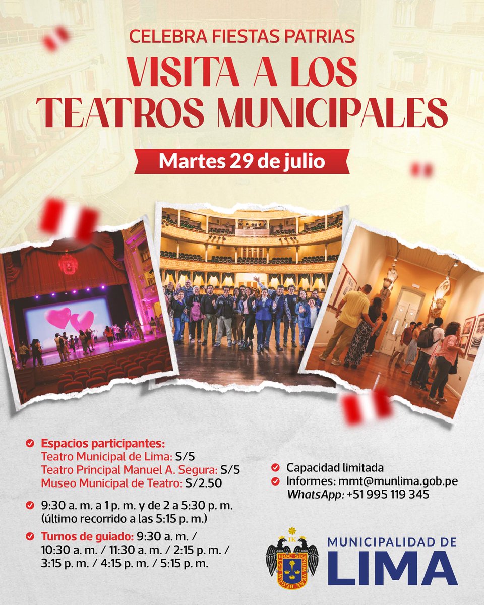 MuniLima's tweet image. Este 29 de julio podr谩s visitar los teatros municipales de Lima
Conoce el Teatro Municipal, el Teatro Segura y el Museo del Teatro con entradas desde S/ 2.50. Una experiencia cultural para toda聽la聽familia.