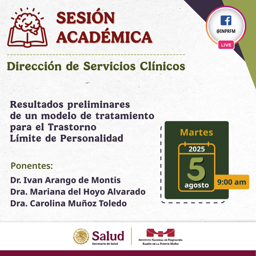 INPRFM's tweet image. Sesión Académica de Área | Resultados preliminares de un modelo de tratamiento para el Trastorno Límite de la Personalidad (TLP)
Un espacio para compartir conocimiento, reflexionar sobre los retos clínicos y seguir fortaleciendo la atención especializada en salud mental.