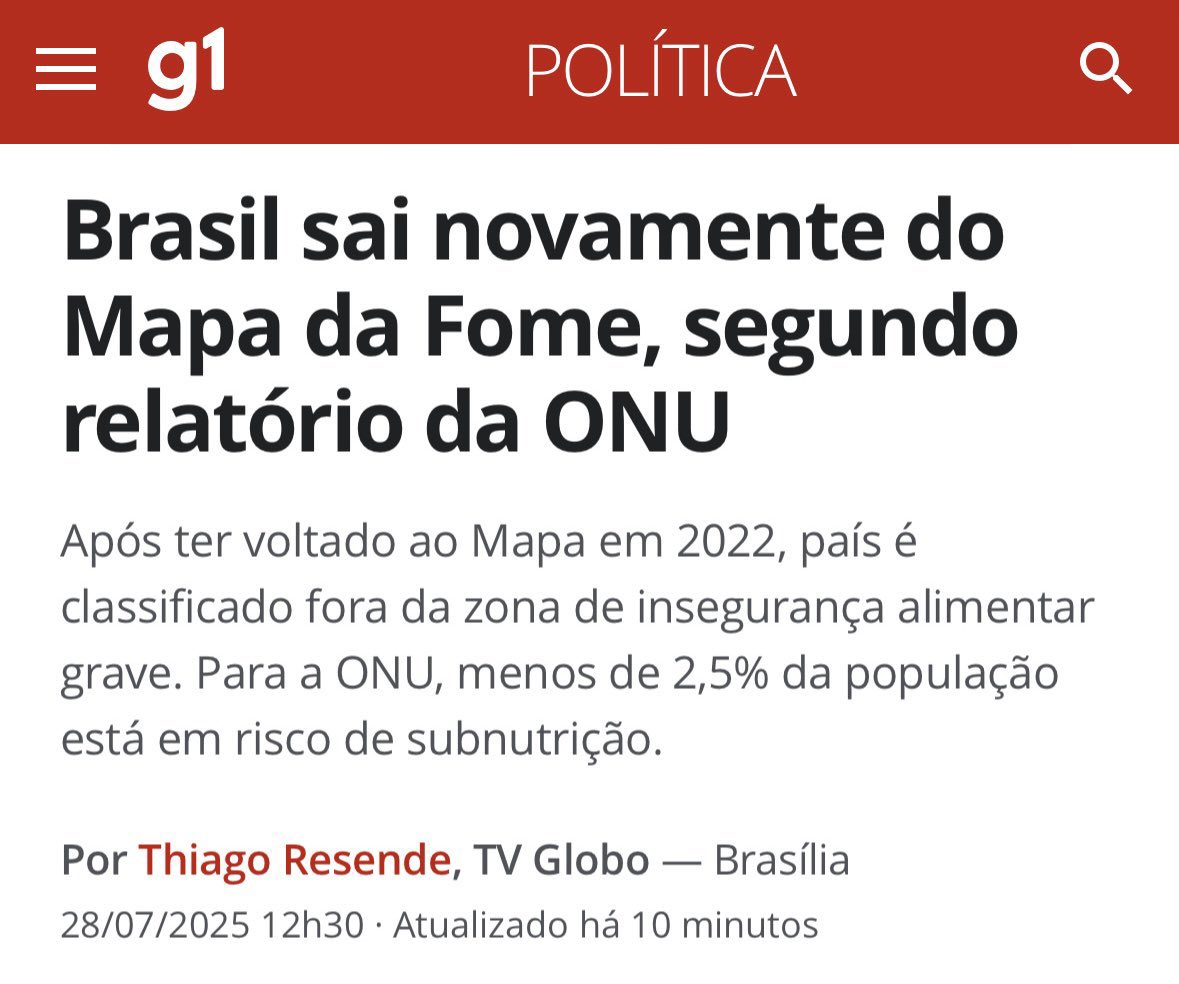 roberta_bastoss's tweet image. O Brasil saiu novamente do Mapa da Fome, segundo a ONU.
Menos de 2,5% da população está em risco de subnutrição.
Pode parecer só um número, mas isso significa que milhões de pessoas voltaram a ter comida no prato.
A fome nunca foi sobre falta de alimentos. Foi (e ainda é)…
