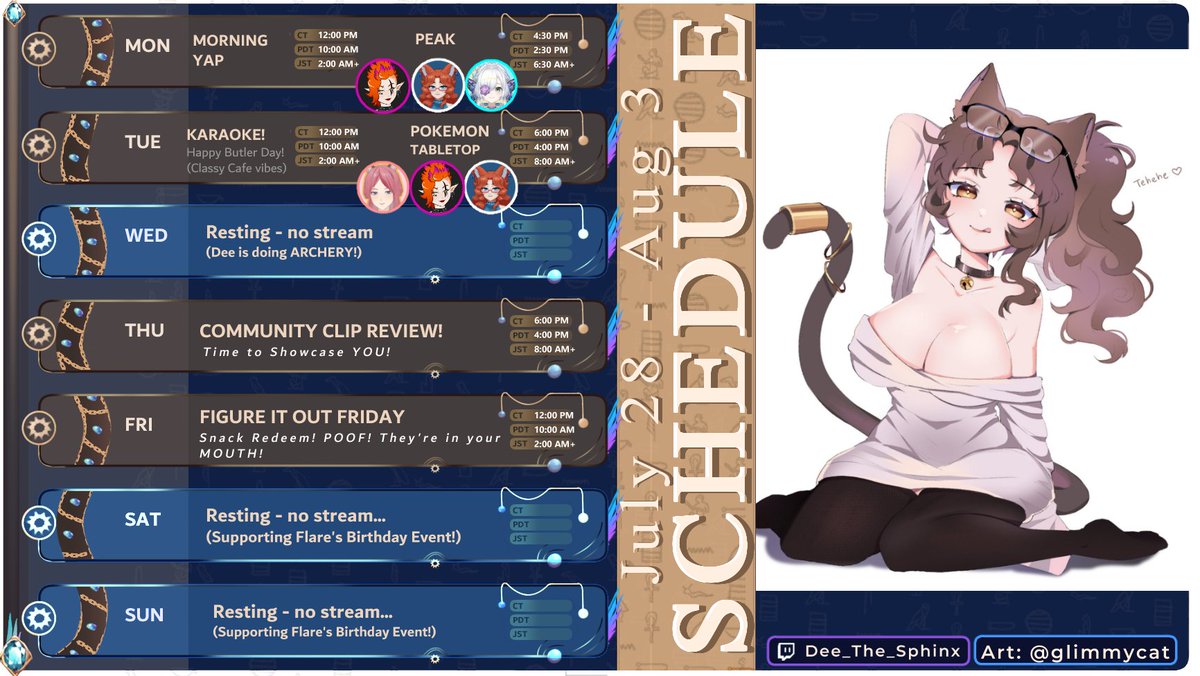 DeetheSphinx's tweet image. 🔆Schedule time!🔆
✧ A few more EU friendly hours this week💖
✧ Can you believe it's the end of the month?!
✧ That means it's time for
🎬COMMUNITY CLIP REVIEW!🎬
Showcasing your best clips of the month!
🎨by @glimmycat !!🙏
(you're looking at that cute sweater right?)