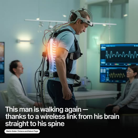 DailyHemo's tweet image. Scientists in Switzerland developed an exoskeleton that connects the brain’s motor intentions directly to spinal neurons, bypassing the damaged nerves  entirely. The system uses implanted electrodes in both the brain and spine, synced in real-time by a machine-learning algorithm.