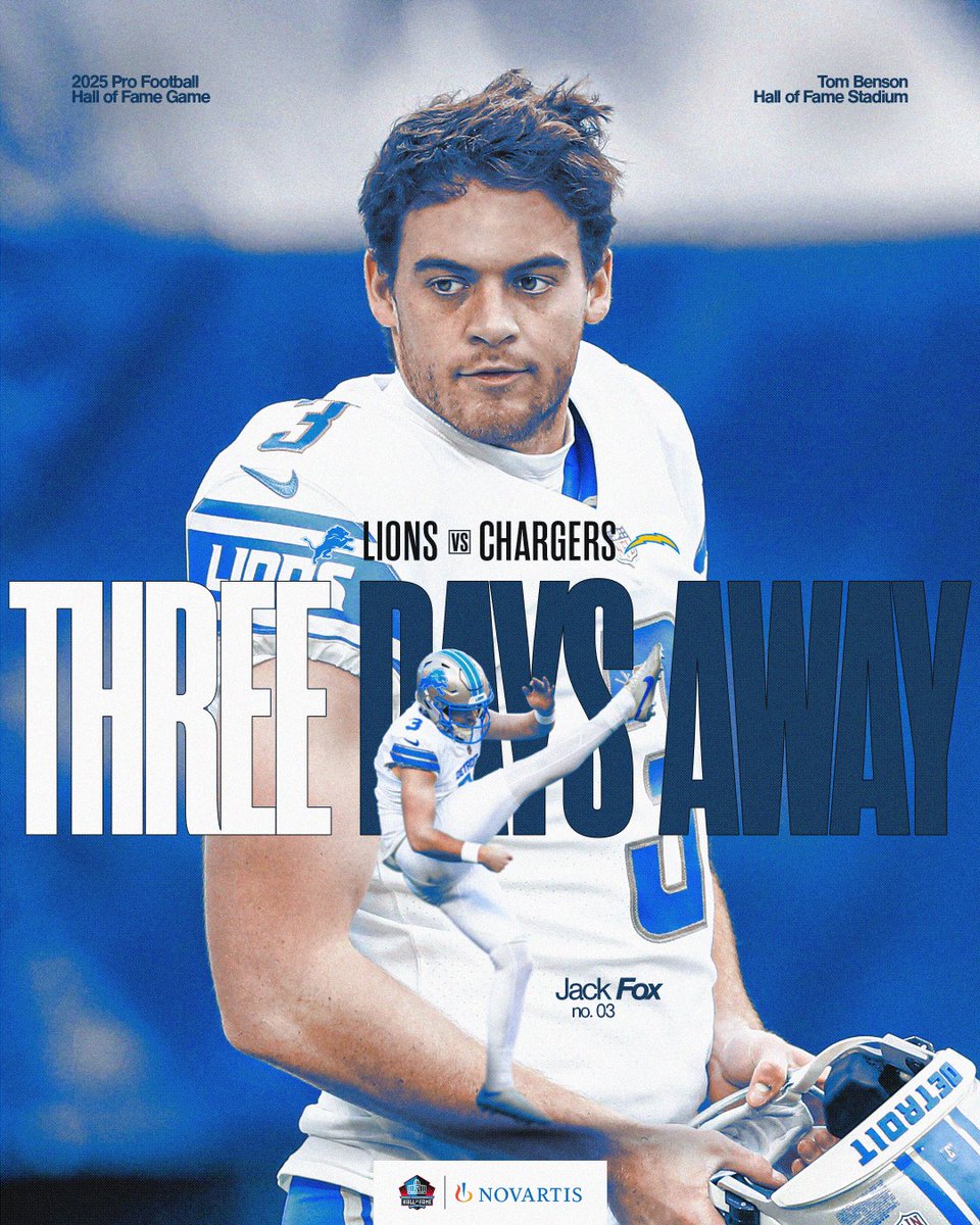 Pro Football Hall of Fame (@profootballhof) on Twitter photo 3οΈβ£ days till kickoff!!
β° 8 p.m. ET
πΊ <a href="/SNFonNBC/">Sunday Night Football on NBC</a>/@Peacock
π <a href="/Lions/">Detroit Lions</a> vs. @Chargers
<a href="/Novartis/">Novartis</a> | #PFHOF25 3οΈβ£ days till kickoff!!
β° 8 p.m. ET
πΊ <a href="/SNFonNBC/">Sunday Night Football on NBC</a>/@Peacock
π <a href="/Lions/">Detroit Lions</a> vs. @Chargers
<a href="/Novartis/">Novartis</a> | #PFHOF25