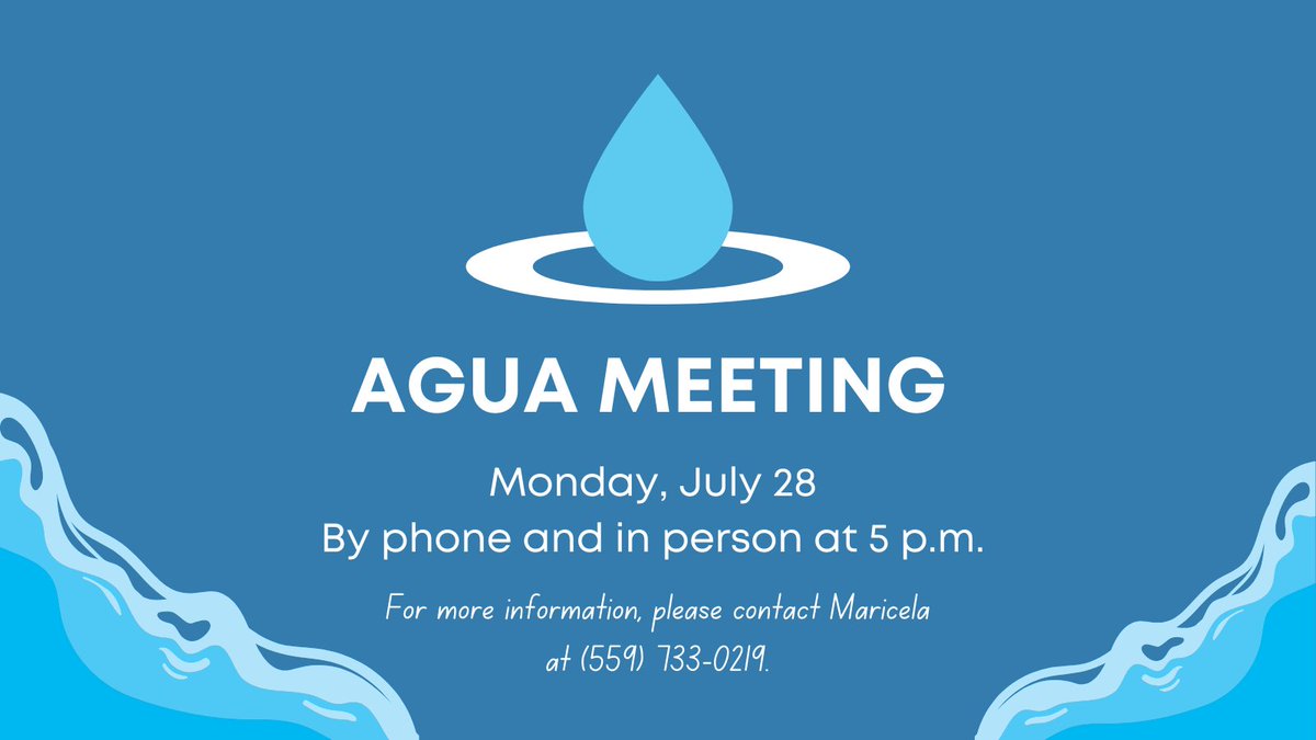 CWaterC's tweet image. 🚨Our next AGUA Meeting is happening today at 5:00 via phone and in person!📞 If you want to join or need more information, please get in touch with Maricela at (559)733-0219.