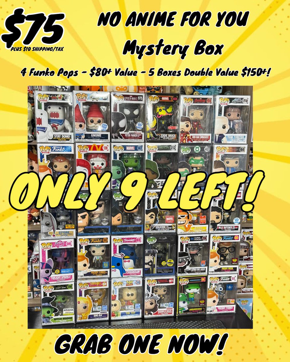 professorjosh's tweet image. LAST 9 BOXES! Let's get these sold out! Buy it now through PayPal paypal.com/ncp/payment/T5… or Link in Bio!
No Anime Funko Pops!
$75 + $10 shipping/tax!
$80+ Value
5 Boxes $150+!
Lots of vaulted, limited, and NFTs!
All boxes that have already been purchased have been shipped. Let's…