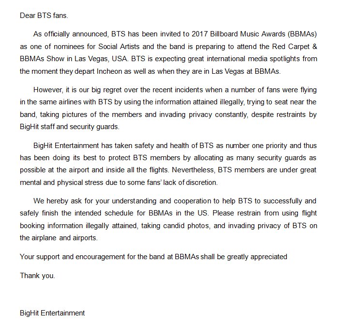 For those who r saying we are trying to twist his words. These were published by bighit.

"BTS members are under great mental &amp; physical stress due to some fan' lack of discretion." 

 &amp; it happened bcs of mobbing at airports. If u r truly a fan your ass wouldn't want that.