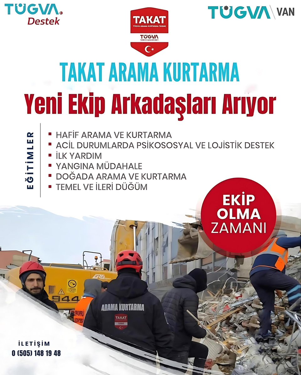 📢 DUYURU | TAKAT EKİBİ KURULUYOR

Kıymetli gönüllülerimiz,

TÜGVA Van Destek Koordinatörlüğü bünyesinde 50 kişilik TÜGVA Arama Kurtarma (TAKAT) ekibi kuruyoruz. AFAD iş birliğiyle gerçekleştirilecek “Hafif Arama Kurtarma Eğitimi” ile afet ve acil durumlara profesyonel müdahale