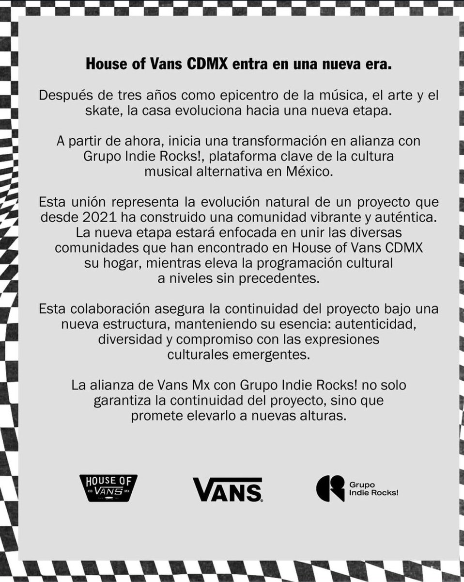 mehaceruido's tweet photo. Se anuncia la alianza de #HouseOfVansMx con @indierocks Deseamos lo mejor en esta nueva etapa 👍😎 https://t.co/tBQFkBAW3Q