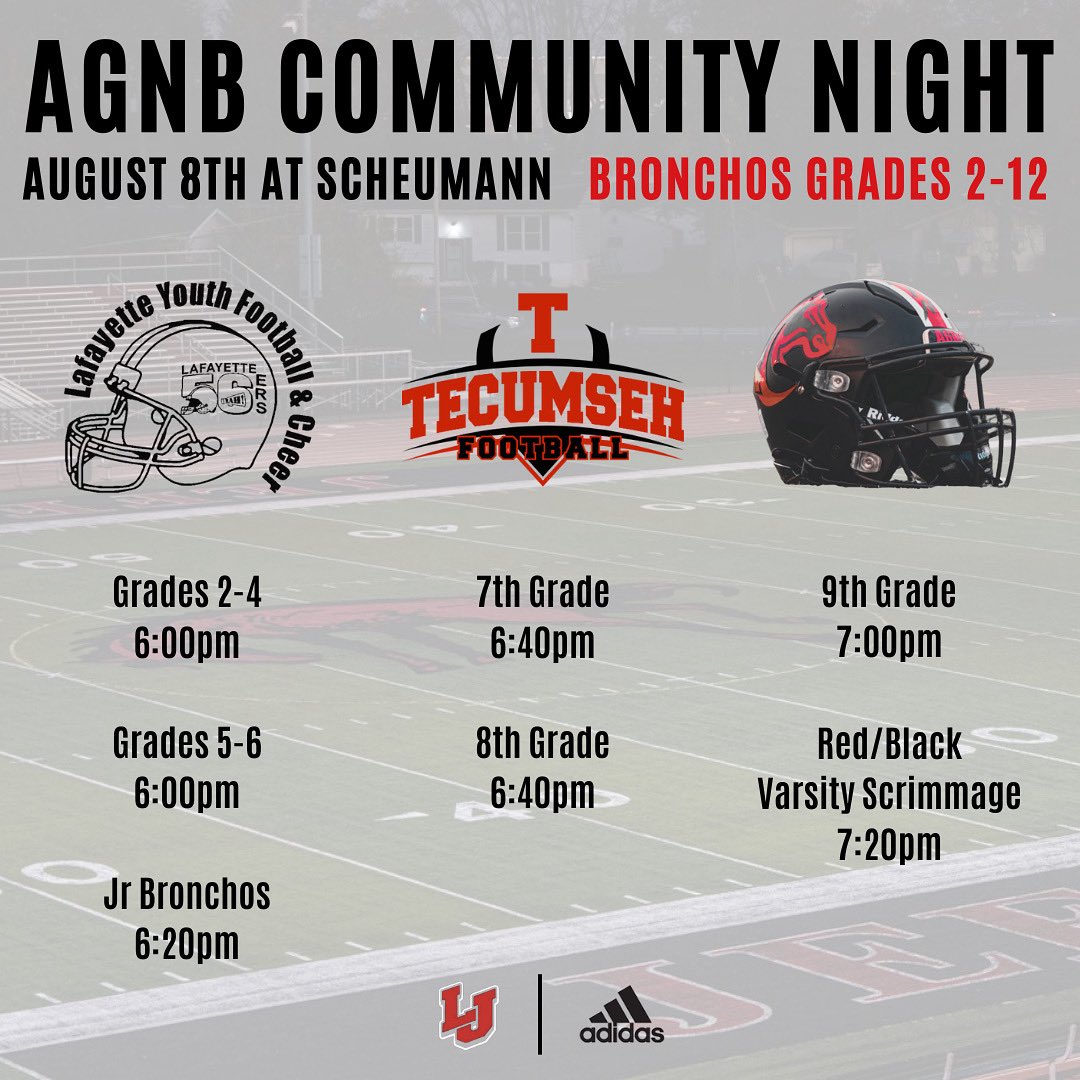 Tecumseh Bronchos Football (@tecbronchosfb) on Twitter photo 2nd Annual Broncho Community Night!! 56ers, Jr Bronchos, Tecumseh, and Jeff will be showcased that night!! Come out and support the Bronchos on August 8th!! #WTW #AGNB <a href="/LJBronchoFB/">Lafayette Jeff Football</a> 2nd Annual Broncho Community Night!! 56ers, Jr Bronchos, Tecumseh, and Jeff will be showcased that night!! Come out and support the Bronchos on August 8th!! #WTW #AGNB <a href="/LJBronchoFB/">Lafayette Jeff Football</a>