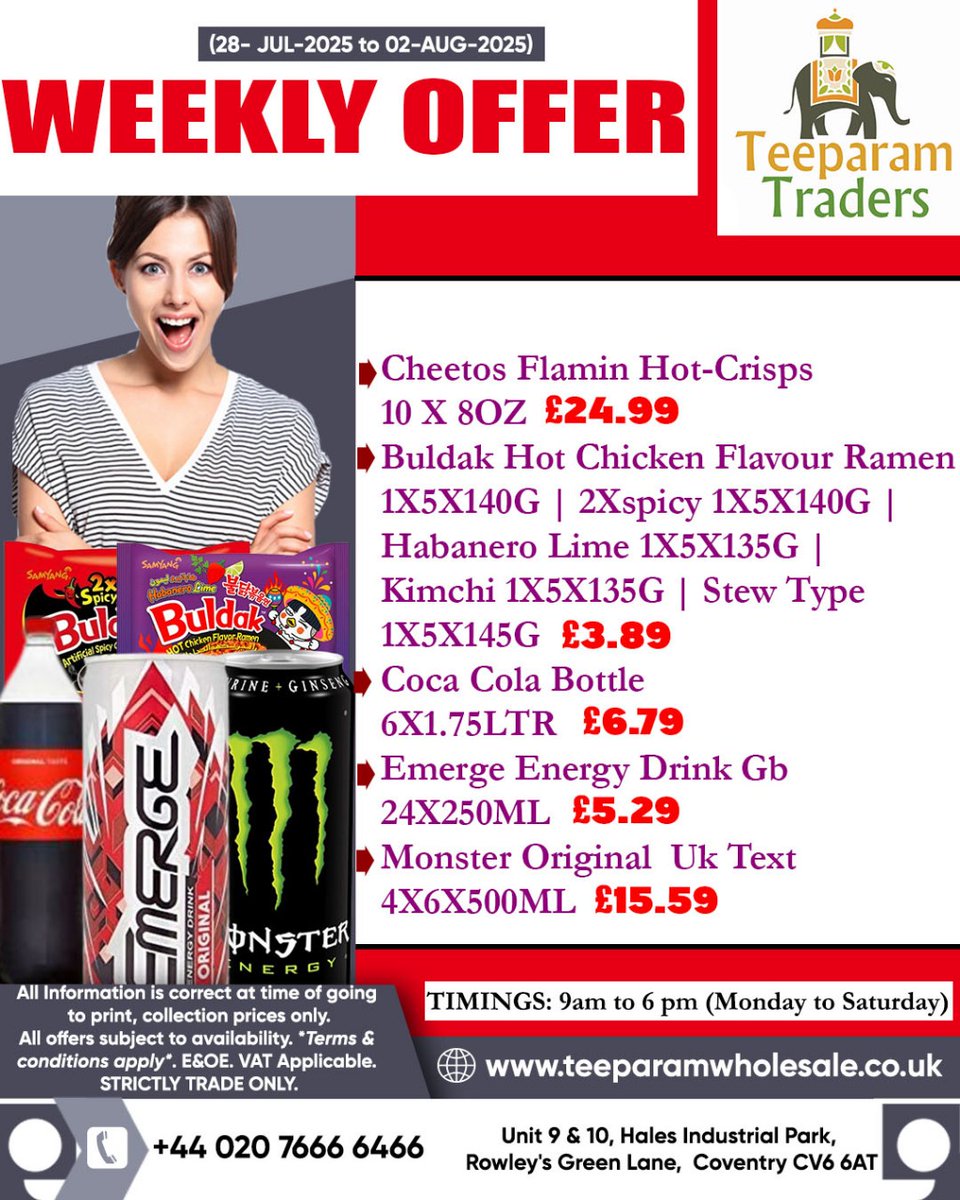 Teeparamtraders's tweet photo. 𝐃𝐞𝐚𝐫 𝐂𝐮𝐬𝐭𝐨𝐦𝐞𝐫𝐬      Buy the following products at discounted wholesale prices from Teeparam Traders   𝑪𝒂𝒍𝒍  𝑼𝒔  - +44 024 7666 6466         
𝑽𝒊𝒔𝒊𝒕 𝑼𝒔  -  https://t.co/DzyGkDCZUG
.
#cheetos #cocacola #teacherswhisky #magnumtonicwine #listerine https://t.co/O3Py2VguUS