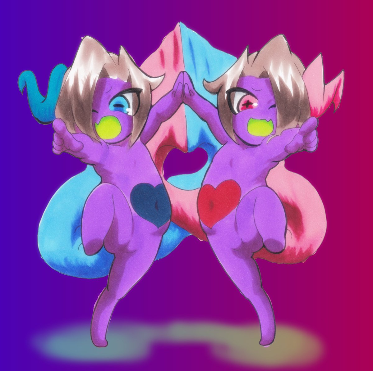 グランドインプのエスマスとエヌラス
翼と尻尾が退化・統合され巨大な管のような形状になっているいつでもいっしょの二人組インプ。磁力を操る。
ツノと管が青い方がエスマス、オモチャや乗り物が好き。
ツノと管が赤い方がエヌラス、おままごとや楽器が好き。 