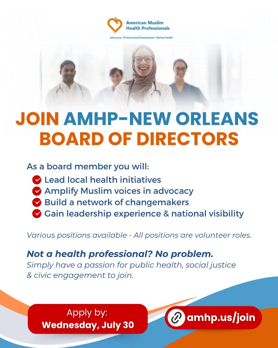🚨📝 2 Days Left

Apply to join AMHP-New Orleans' board &amp; help drive change in your community! You don't need to be a health professional to join — diverse perspectives are welcome.

 🕑 Deadline: Wednesday, July 30
🔗 Apply now: amhp.us/join