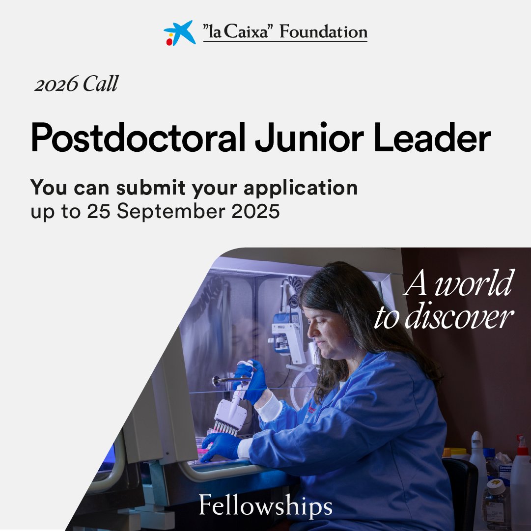 Centro Nacional de Biotecnología (CSIC) (@cnb_csic) on Twitter photo 🚨Join #CNB_CSIC as host institution for the 2026 Postdoctoral Junior Leader fellowships, funded by
<a href="/FundlaCaixa/">Fundación ”la Caixa”</a> <a href="/BecariosFLC/">Becas Fundación "la Caixa"</a>.
Develop your research in #STEM!
🗓️ Expression of interest deadline: 15 August
📩 ugce@cnb.csic.es
#JuniorLeaderFellowships
f.mtr.cool/tvjdtqrnwk 🚨Join #CNB_CSIC as host institution for the 2026 Postdoctoral Junior Leader fellowships, funded by
<a href="/FundlaCaixa/">Fundación ”la Caixa”</a> <a href="/BecariosFLC/">Becas Fundación "la Caixa"</a>.
Develop your research in #STEM!
🗓️ Expression of interest deadline: 15 August
📩 ugce@cnb.csic.es
#JuniorLeaderFellowships
f.mtr.cool/tvjdtqrnwk