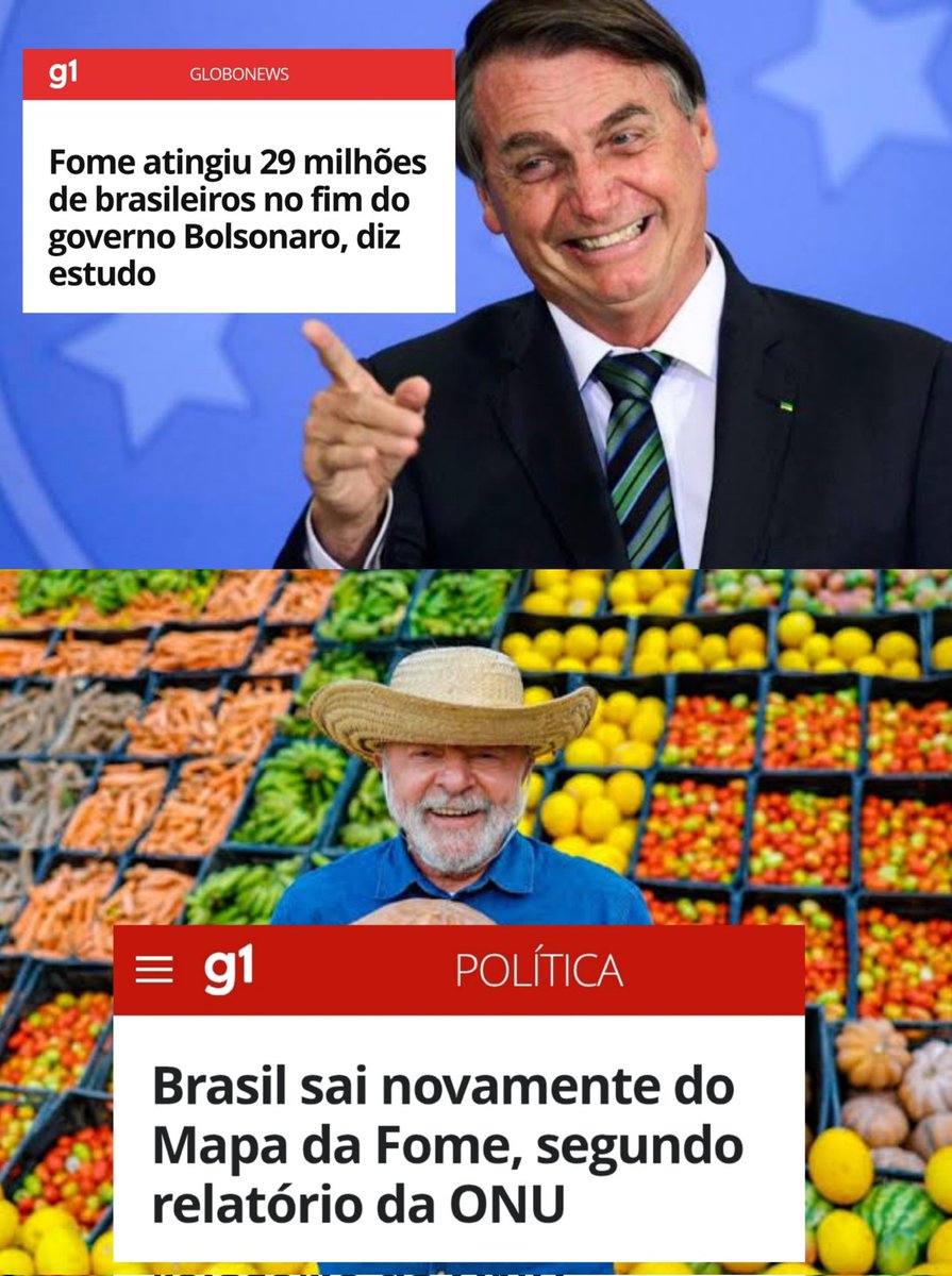 Mapa da Fome e Governo Bolsonaro NUNCA MAIS!

Após Bolsonaro ter jogado o povo na miséria e na fila do osso, nosso governo Lula conseguiu colocar comida de verdade na mesa da população, tirando nosso país do Mapa da Fome novamente.