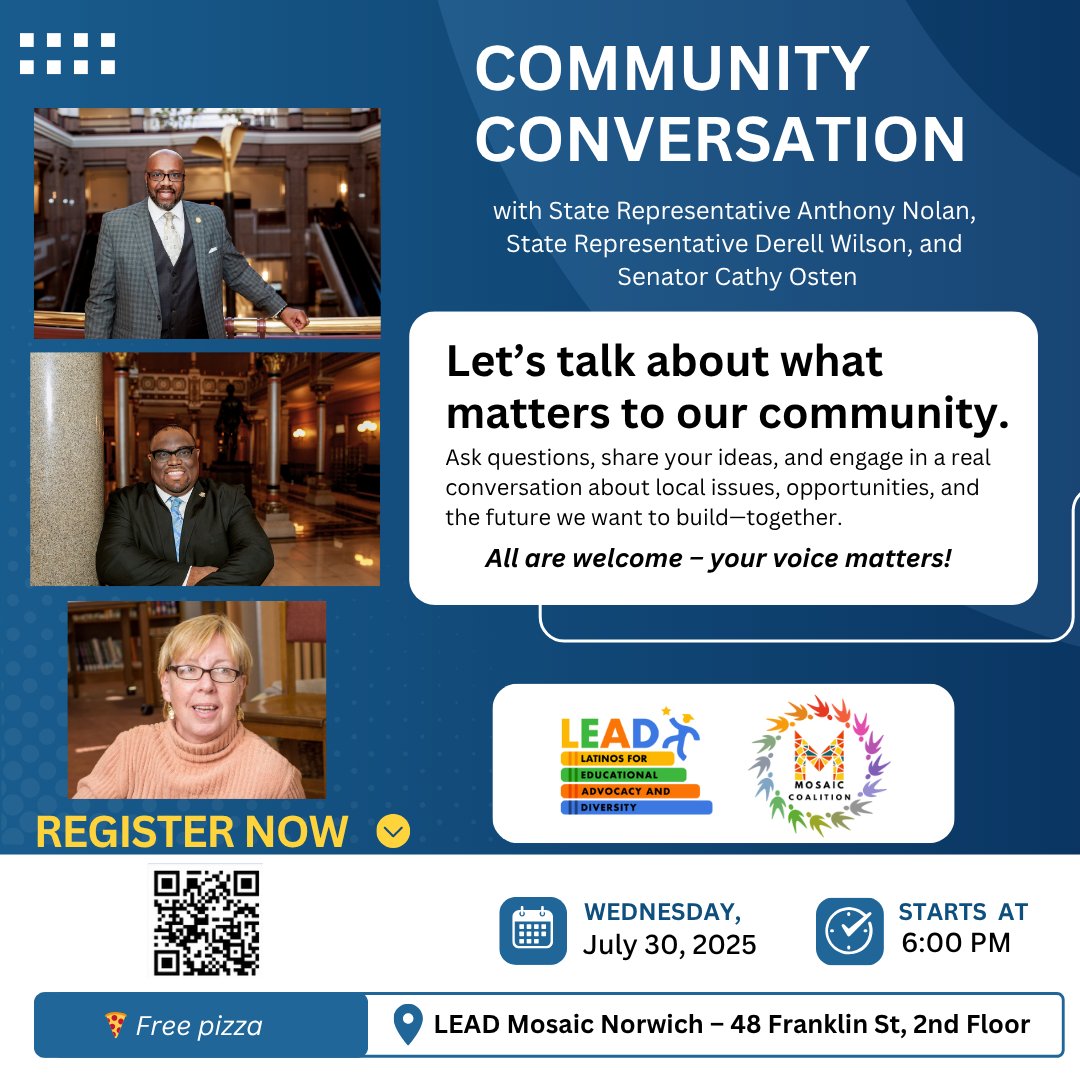 🔵 𝐂𝐨𝐦𝐦𝐮𝐧𝐢𝐭𝐲 𝐂𝐨𝐧𝐯𝐞𝐫𝐬𝐚𝐭𝐢𝐨𝐧 𝐢𝐧 𝐍𝐨𝐫𝐰𝐢𝐜𝐡!
𝐀𝐧𝐭𝐡𝐨𝐧𝐲 𝐍𝐨𝐥𝐚𝐧 | 𝐃𝐞𝐫𝐞𝐥𝐥 𝐖𝐢𝐥𝐬𝐨𝐧 | 𝐂𝐚𝐭𝐡𝐲 𝐎𝐬𝐭𝐞𝐧
📍 𝐋𝐄𝐀𝐃 𝐌𝐨𝐬𝐚𝐢𝐜 – 48 Franklin St
🗓 𝐖𝐞𝐝𝐧𝐞𝐬𝐝𝐚𝐲, 𝐉𝐮𝐥𝐲 𝟑𝟎 | 🕕 6:00 PM
🍕 Free pizza!
forms.gle/4vrEAhLGAbBxAz…