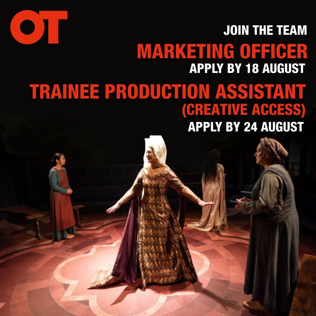 OrangeTreeThtr's tweet image. JOIN THE TEAM📣
We’re looking for a new Marketing Officer and Trainee Production Assistant to join the OT this September.
MARKETING OFFICER - applications close 18 August
TRAINEE PRODUCTION ASSISTANT (Creative Access) - applications close 24 August
🔗 ow.ly/GxOX50WwcBv