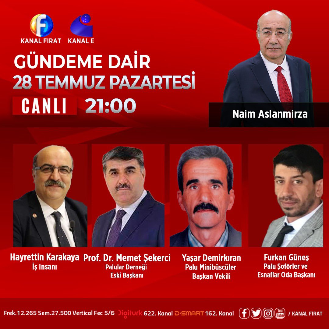 📣#GündemeDair
🗓Pazartesi 
⏰21:00
📺#KanalFırat'ta
🌃#Elazig #Elazığ
🌎kanalfirat.com.tr

🛰kanalfirat.com.tr/canli-yayin
📡youtube.com/KANALFIRAT
📡X.com/KANALFIRAT
📡facebook.com/KANALFIRAT
📡instagram.com/kanal_firat
📡threads.net/@KANALFIRAT