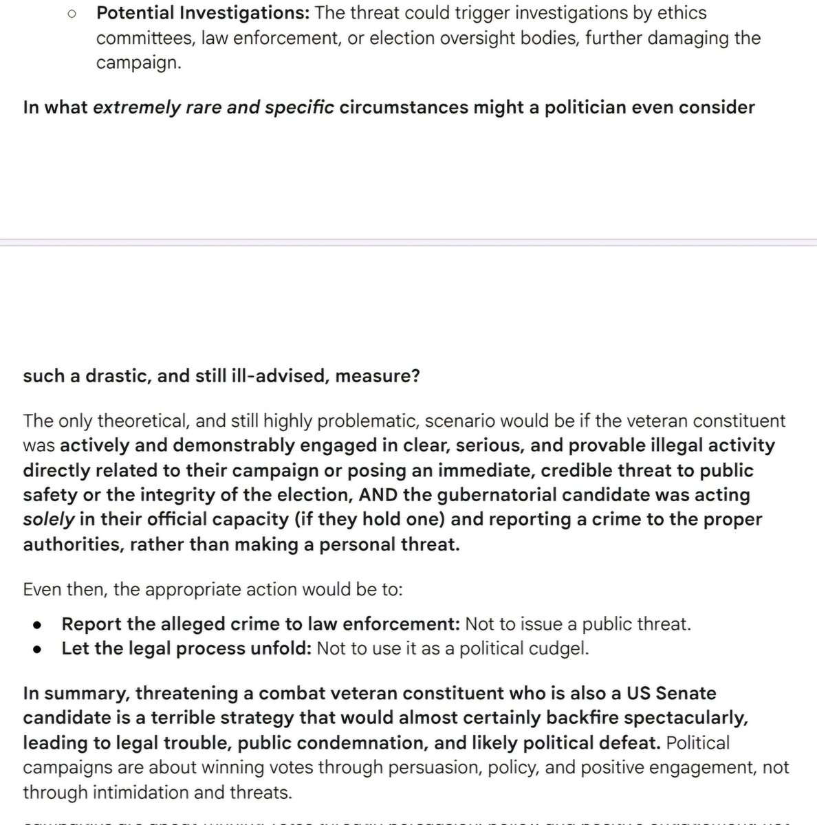 Rare DD (@raredealshere) on Twitter photo I asked AI...
"When is it a good strategy for a
gubernatorial candidate to threaten to arrest a combat veteran constituent that is also running for US Senate but not as an opponent
to the gubernatorial candidate?"
Answer in the images below 👇🏾 $MMTLP <a href="/RepRalphNorman/">Rep. Ralph Norman</a> I asked AI...
"When is it a good strategy for a
gubernatorial candidate to threaten to arrest a combat veteran constituent that is also running for US Senate but not as an opponent
to the gubernatorial candidate?"
Answer in the images below 👇🏾 $MMTLP <a href="/RepRalphNorman/">Rep. Ralph Norman</a>