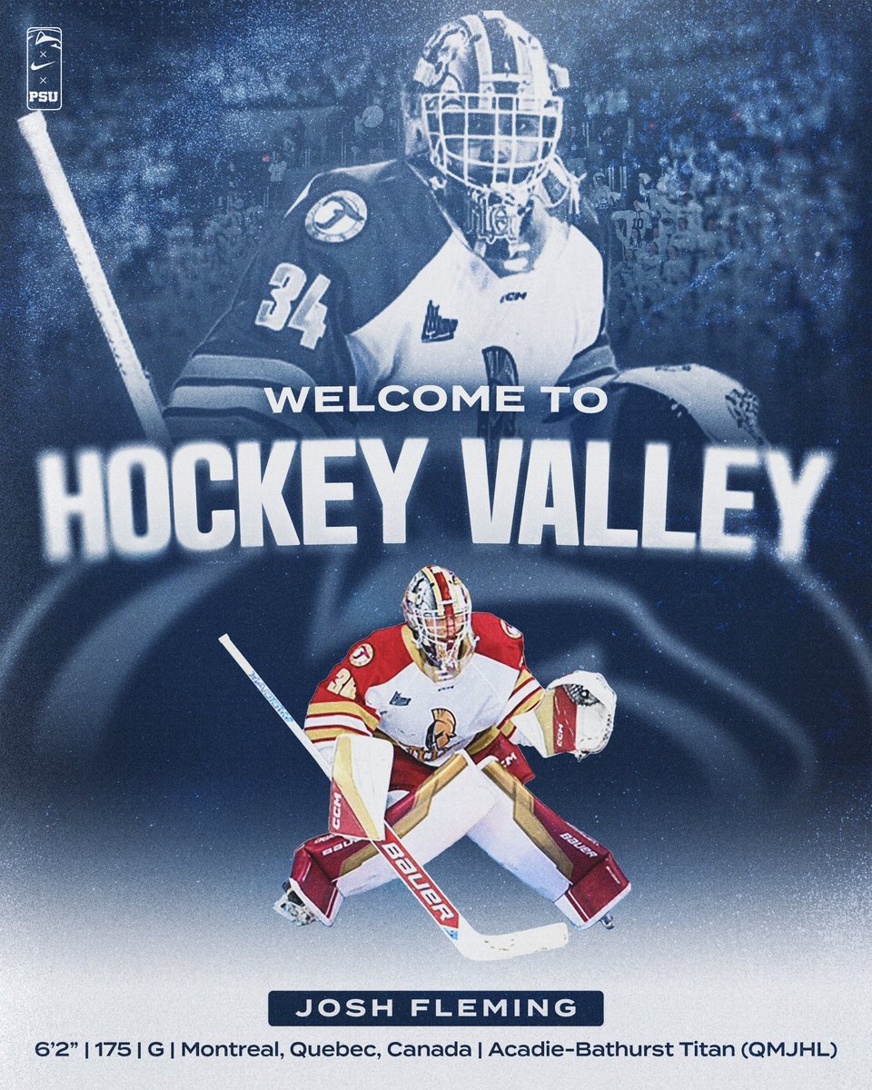 PennStateMHKY's tweet image. Welcome to #HockeyValley, Josh Fleming!
30 wins in 2024-25 (4th most - QMJHL) ✅
Acadie-Bathurst Titan - Team MVP ✅
🔜 Penn State Nittany Lion 🦁
#WeAre