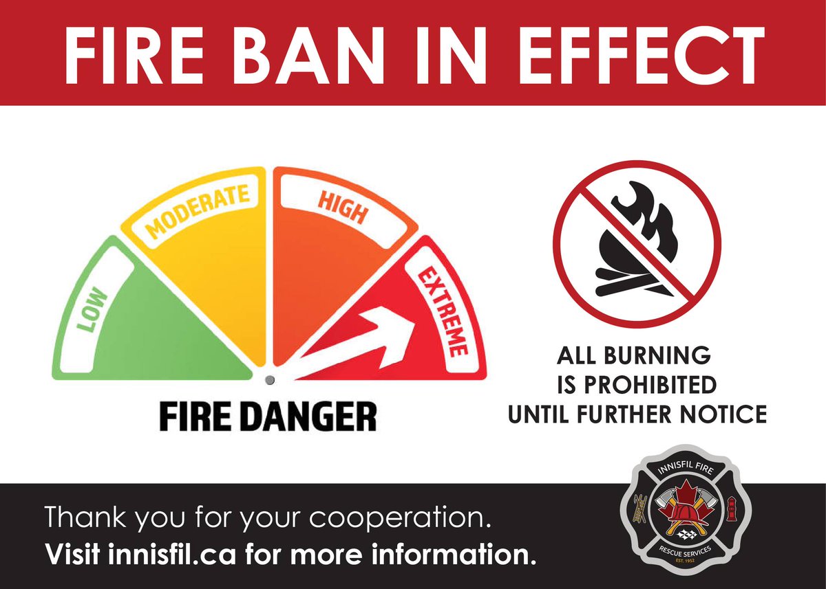 Effective immediately, Innisfil is under a complete open-air burning and fireworks ban. 🚫🔥 Despite recent rain, conditions remain very dry. With hot temperatures in the forecast, this ban is necessary to reduce the risk of accidental fires.

More info: bit.ly/474Pqkq