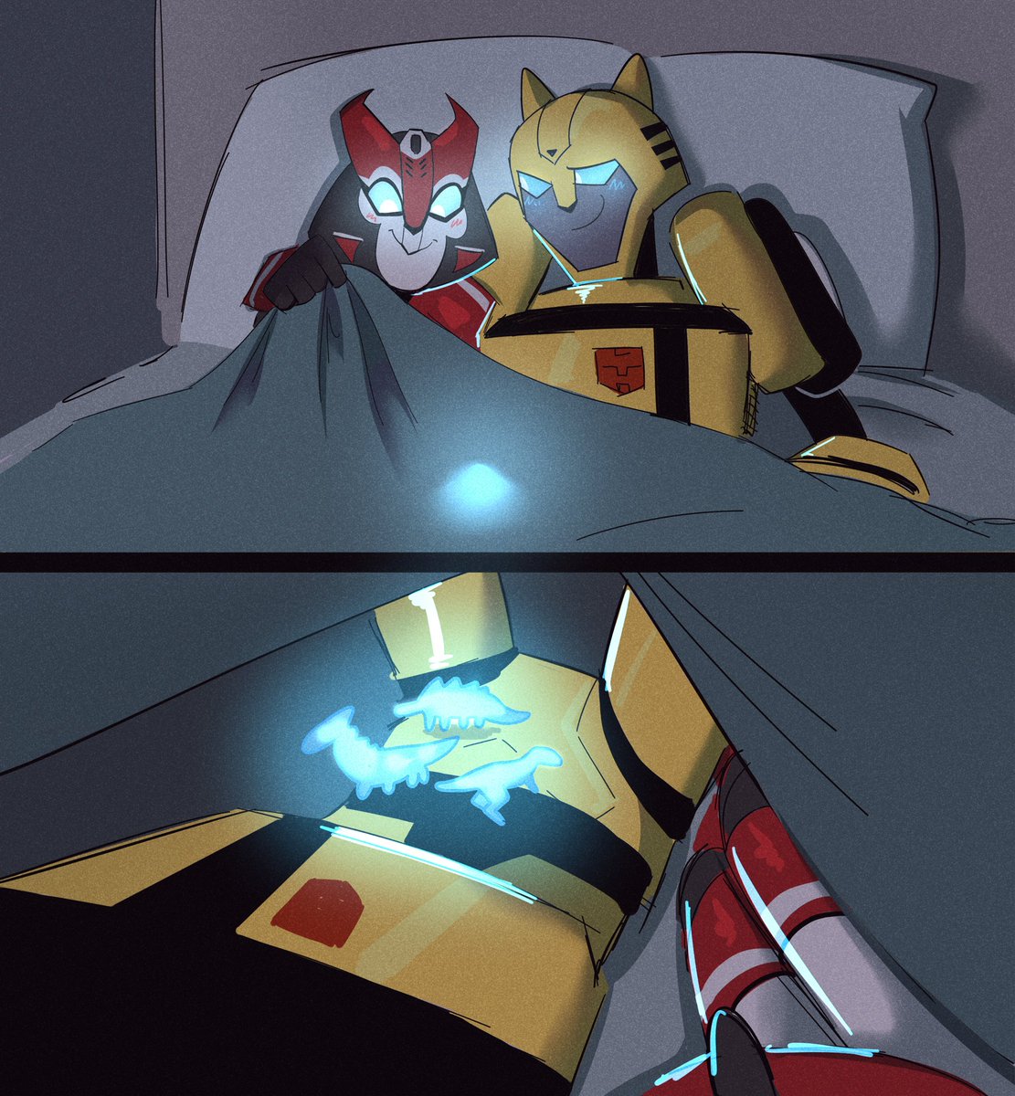 mafisamba's tweet image. #transformersAnimated
i made this shit several months ago (i have my happy moments for shipping my girl failure oc with bee)
ignore the giant bed, i needed it for the meme