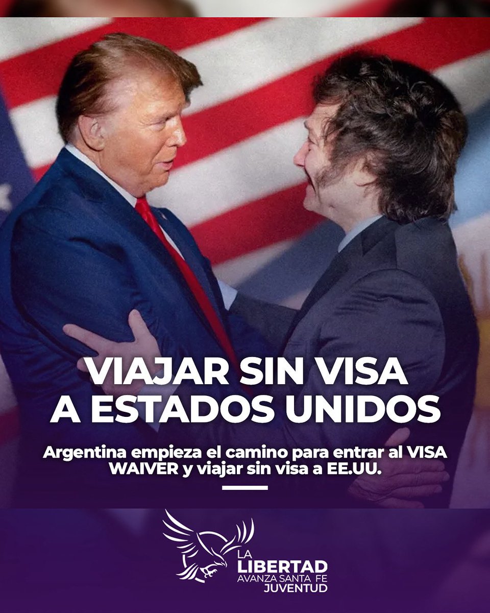 jllasantafe's tweet image. HISTÓRICO: LOS ARGENTINOS PODREMOS VIAJAR SIN VISA A ESTADOS UNIDOS
Tenemos al mejor presidente de la historia, que está poniendo a Argentina en lo más alto y alineándola con los mejores estándares internacionales. ¡La Libertad Avanza! 🫡🇦🇷