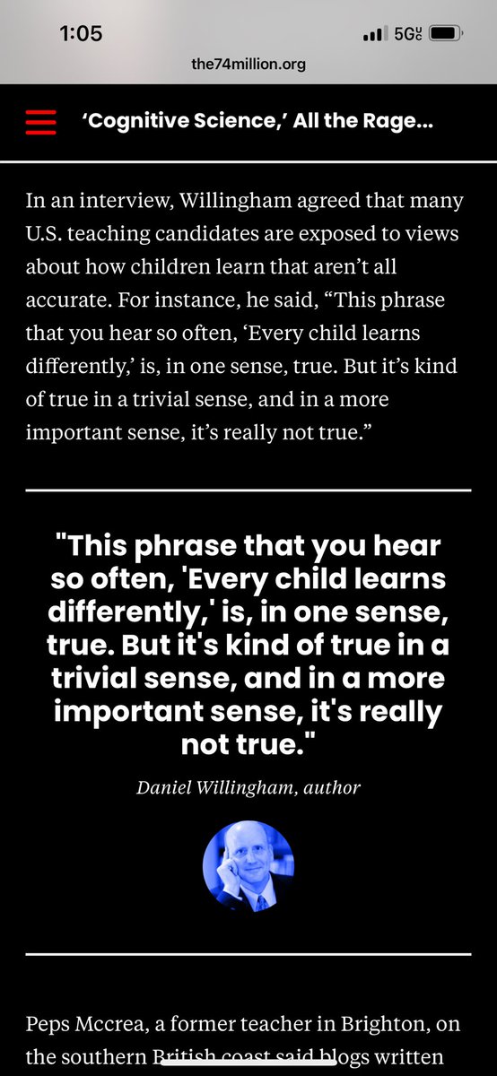 Teacher_Fulton's tweet image. @Doug_Lemov provides a nice explanation of what @DTWillingham was talking about in this quote

“Every child learns differently is, in one sense, true. But it’s kind of true in a trivial sense. In a more important sense, it’s really not true.” 

x.com/teacher_fulton…