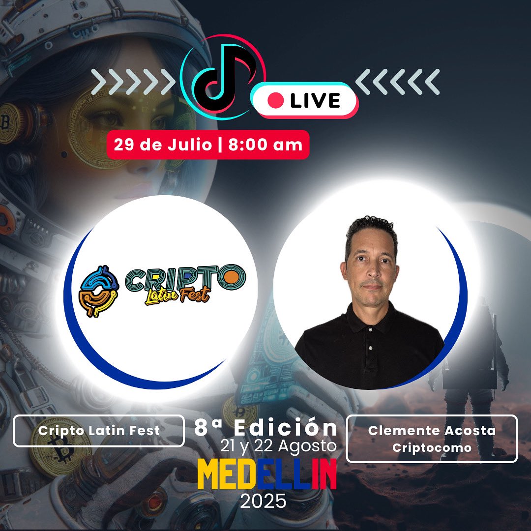 Criptolatinfest's tweet image. 🚀🌕👨🚀 ¡Atención Criptoparceros! 👩🚀🌙✨
El 29 de julio de 2025 a las 08:00 AM (hora Colombia) tenemos un TikTok Live fuera de este mundo con @cryptocomo 🚀💥
Prepárense para recibir sorpresas espaciales, regalos estelares 🎁✨ y descubrir todos los detalles de la octava edición…