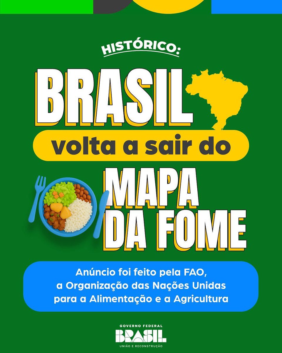 O Brasil acaba de dar um passo histórico: saímos novamente do Mapa da Fome. 🇧🇷
É mais do que uma estatística, é um marco de dignidade e compromisso com o povo brasileiro. Vem no🧵