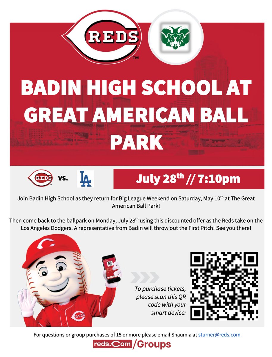 RAMSSPORTS's tweet image. Tonight is Badin Night at Great American Ball Park! If you purchased tickets to @BadinBaseball game at Great American vs Springboro on May 10th, you already have tickets to this game!

Mr. Keating is throwing out the first pitch!

#HarkYe 🐏
