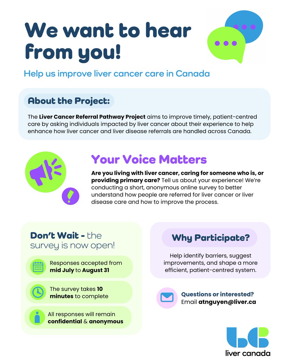 survivornetca's tweet image. Please help @LiverCanada to better understand the experiences, challenges, and gaps individuals face during the referral process for liver cancer. This survey short, anonymous & intended for both patients & caregivers. 👉 forms.office.com/r/8AZcEin7A9