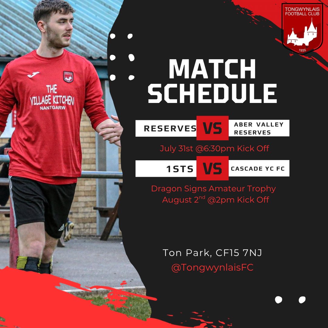 Tongwynlais Football Club (@tongwynlaisfc) on Twitter photo Preseason is now over for our 1st team who have their first game of the season this Saturday vs <a href="/CascadeYC/">Cascade Youth Club</a>
Reserves take on <a href="/aber_valley_fc/">Aber Valley F.C.</a> in preseason on Thursday night
Still taking on new players with training being at 6pm every Wednesday at Ton Park ๐ดโซ๏ธ Preseason is now over for our 1st team who have their first game of the season this Saturday vs <a href="/CascadeYC/">Cascade Youth Club</a>
Reserves take on <a href="/aber_valley_fc/">Aber Valley F.C.</a> in preseason on Thursday night
Still taking on new players with training being at 6pm every Wednesday at Ton Park ๐ดโซ๏ธ