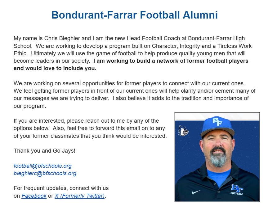 Bondurant-Farrar Football (@bfhsfball) on Twitter photo Calling all former Bluejays!
Please reach out to Coach Bieghler at football@bfschools.org and help build our alumni network! Calling all former Bluejays!
Please reach out to Coach Bieghler at football@bfschools.org and help build our alumni network!