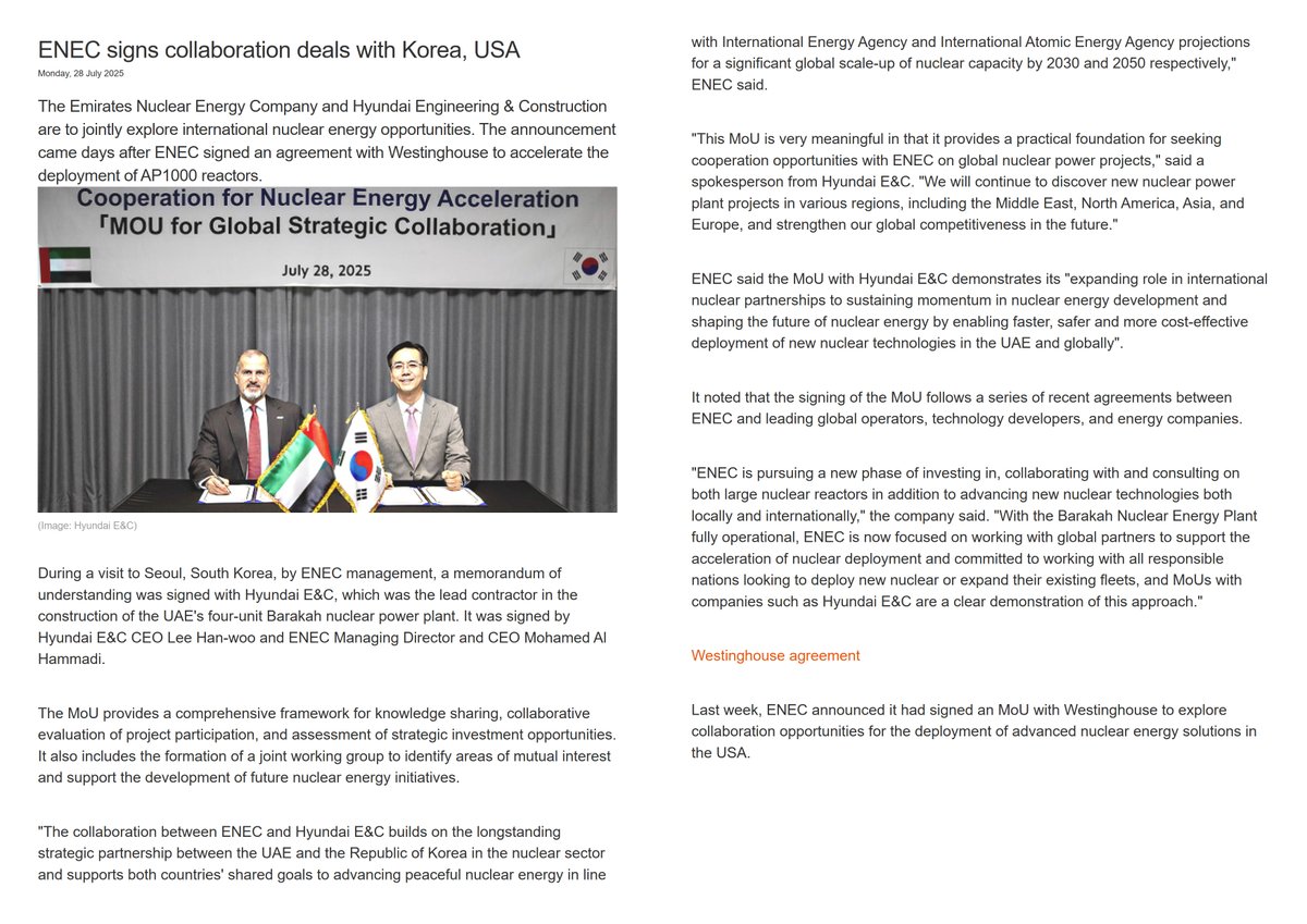 AnStra14's tweet image. UAE / South-Korea / USA
ENEC and Hyundai Engineering & Construction are to jointly explore international nuclear energy opportunities. The announcement came days after ENEC signed an agreement with Westinghouse.
world-nuclear-news.org/articles/enec-…