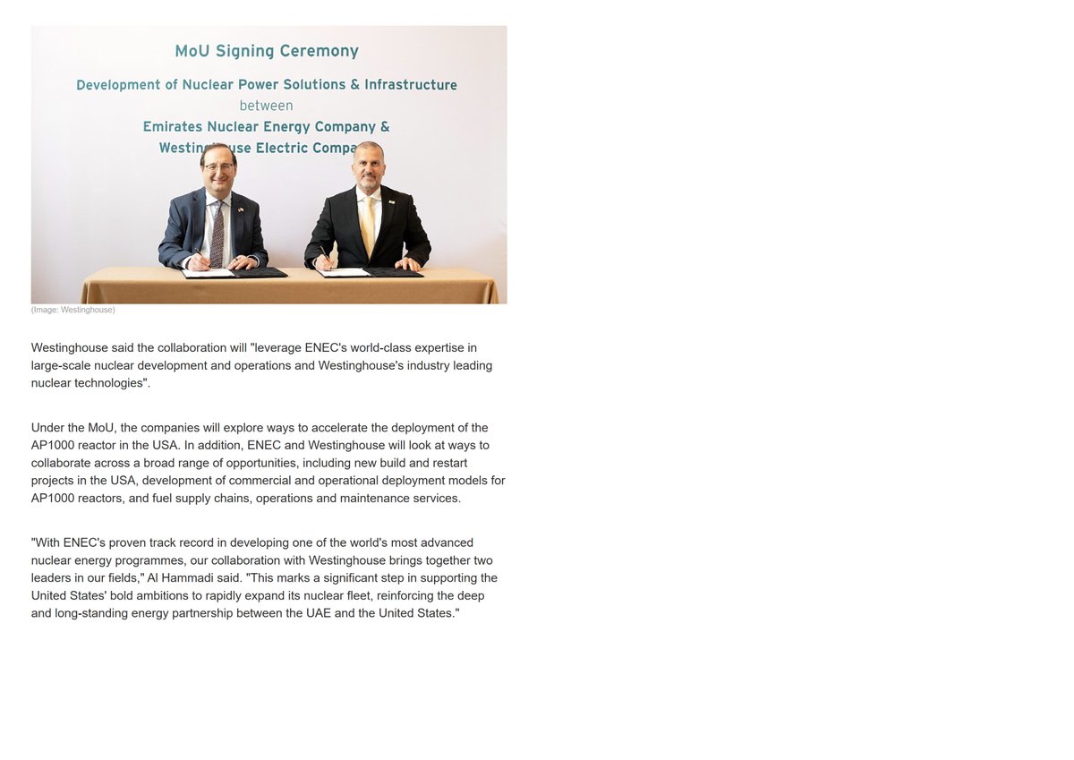 AnStra14's tweet image. UAE / South-Korea / USA
ENEC and Hyundai Engineering & Construction are to jointly explore international nuclear energy opportunities. The announcement came days after ENEC signed an agreement with Westinghouse.
world-nuclear-news.org/articles/enec-…